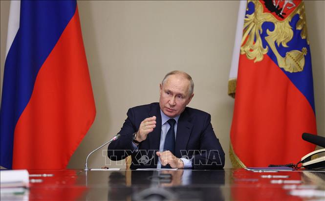 Tổng thống Nga Vladimir Putin phát biểu tại cuộc họp ở Moskva ngày 16/10/2023. Ảnh: AFP/TTXVN