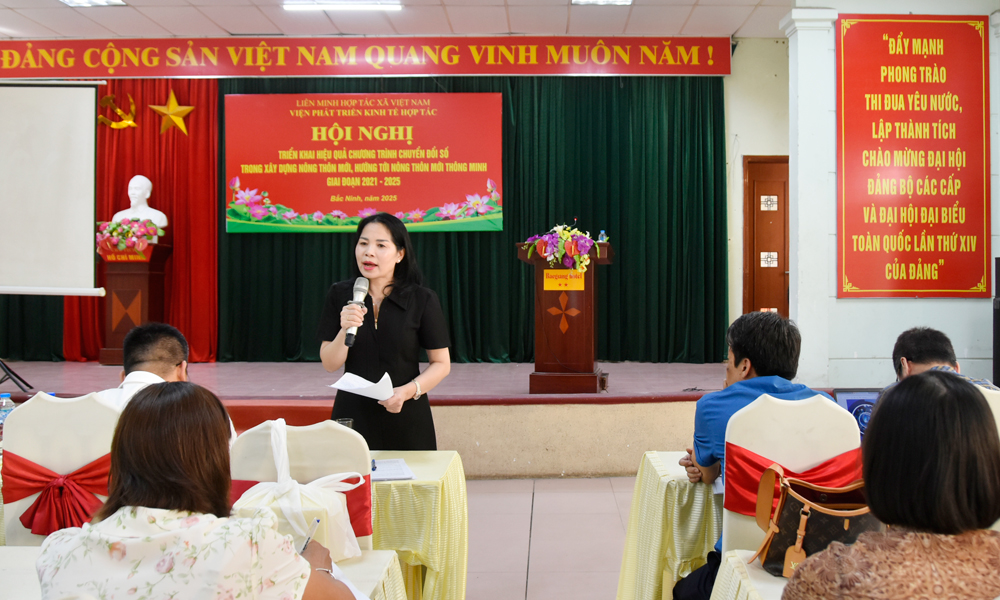 Lãnh đạo Viện Phát triển kinh tế hợp tác trao đổi về chuyển đổi số trong xây dựng nông thôn mới. 

