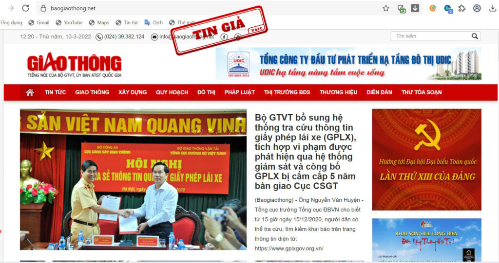 Website giả mạo báo Giao thông.