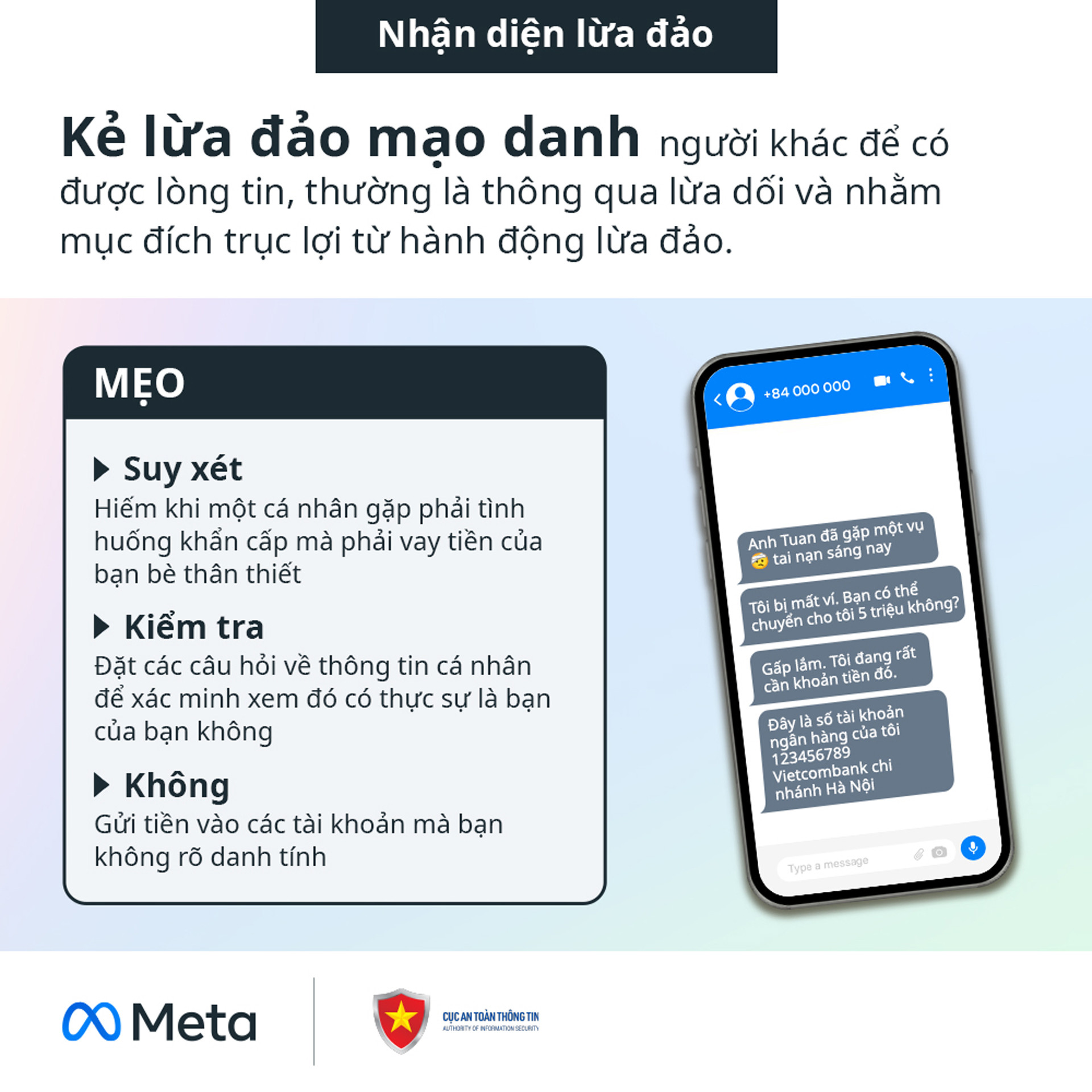 Với chiến dịch truyền thông mới phát động, Cục An toàn thông tin và Meta muốn nâng cao kiến thức về các cách phòng tránh lừa đảo trực tuyến cho người dùng mạng xã hội. Ảnh: NCSC