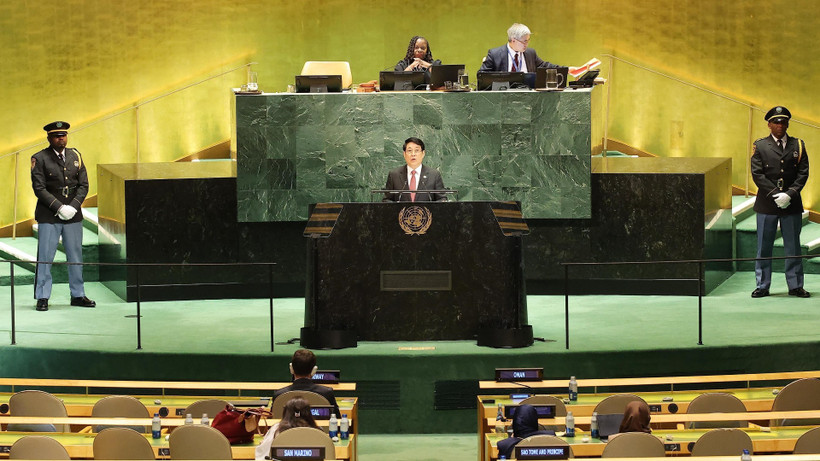 Chủ tịch nước Lương Cường phát biểu tại Phiên Thảo luận chung cấp cao Đại hội đồng Liên hợp quốc Khóa 80. (Ảnh: TTXVN)