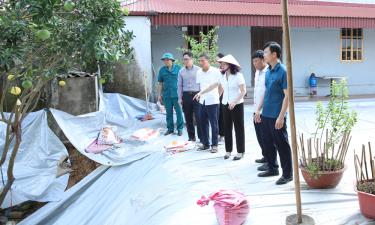 Đồng chí Lâm Thị Hương Thành kiểm tra điểm sạt lở đê sông Cầu trên địa bàn xã Hợp Thịnh.